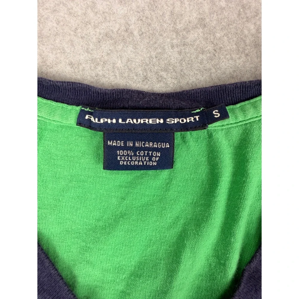 Ralph Lauren Sport Womens Y2K Green V-Neck T-Shirt Navy Pony Preppy Size S